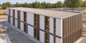 Vivienda unifamiliar contemporánea cúbica con fachada blanca y ventanas grises, representativa de la arquitectura residencial industrializada.