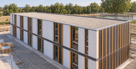 Vivienda unifamiliar contemporánea cúbica con fachada blanca y ventanas grises, representativa de la arquitectura residencial industrializada.