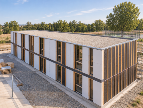 Vivienda unifamiliar contemporánea cúbica con fachada blanca y ventanas grises, representativa de la arquitectura residencial industrializada.